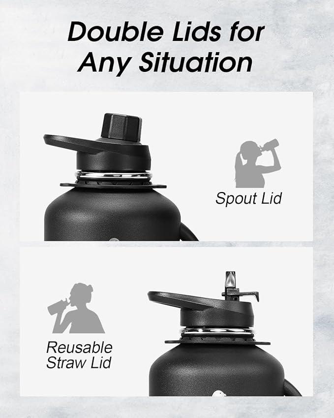 Half Gallon Water Bottle with Handle, Coolflask 64 oz Insulated Stainless Steel Water Jug Metal Double-Walled Vacuum Large Flask With Strap Straw Leakproof, Keep Cold 48 Hrs Hot 24hrs, Magic Black