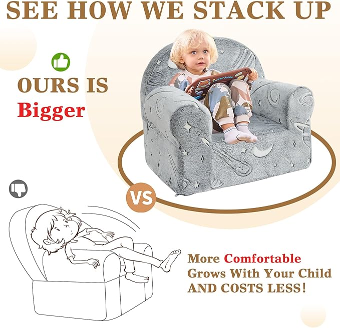 Toddler Chair Sherpa Couch Sherpa Kids Chair, Cuddly Comfy Toddler Plush Chair Toddler Couch Reading Chair for Kids Glow in The Dark Starry Sky Grey