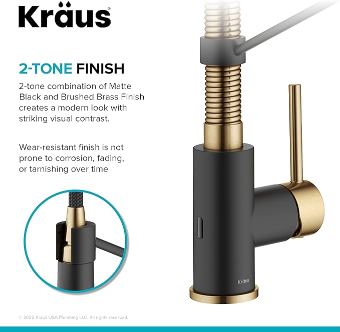 KRAUS Bolden Touchless Sensor Commercial Style 2-Function Single Handle Pull-Down Kitchen Faucet in Brushed Brass / Matte Black, KSF-1610BBMB