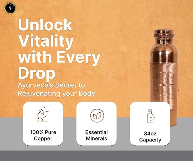 Pure Copper Water Bottle with Lid - 32 Oz – Ayurvedic Copper Water Bottle – Copper Water Vessel - Drink More Water Bottle Leak Proof - 950 ml (Silver Touch)