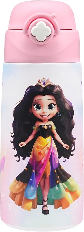 Kids Insulated Water Bottle with Covered Pop-Up Straw,16oz Kids Cups with Stainless Steel Leak Proof for School Boys Girls（5-Princess）