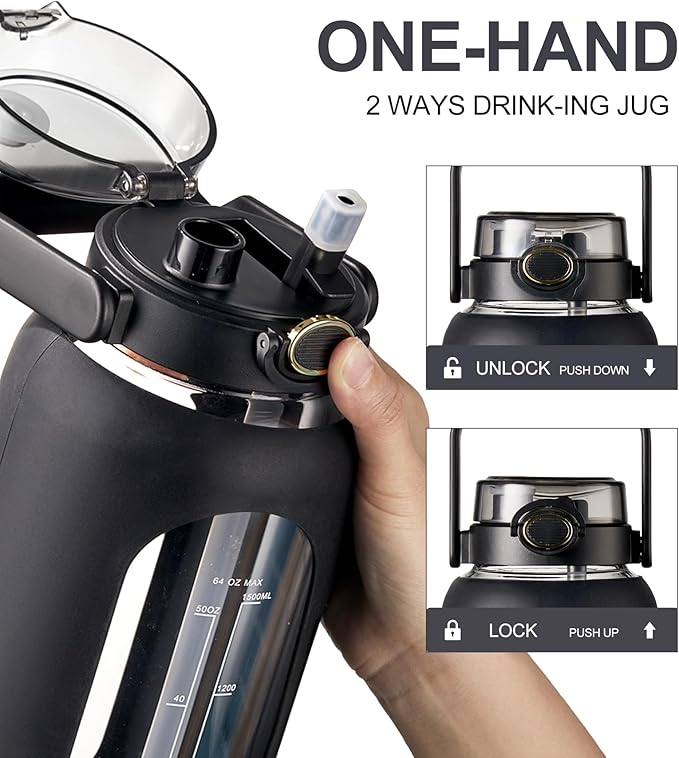 TKK 64 OZ Glass Water Bottle with Straw and Handle Half Gallon Bottle with Silicon Sleeve 2L Sports Water Bottles for Fitness, Gym, Workout - Black