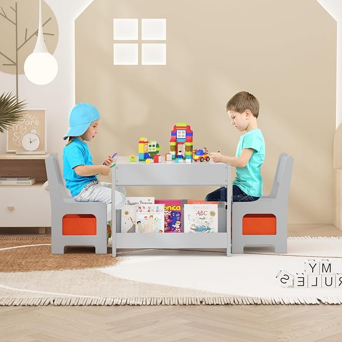 Kids Table and Chair Set, 4 in 1 Wooden Activity Table & 2 Chairs with Storage Drawer Detachable Tabletop for Toddlers Kids Drawing, Reading, Crafts, Art,Homework, Nursery, Playroom