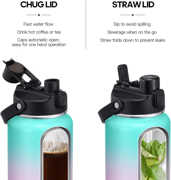 Half Gallon Insulated Water Bottle with 2-in-1 Lid (Chug Lid/Straw Lid), 40/64oz Double Walled Vacuum Stainless Steel Water Bottles, Water Jug with Straw