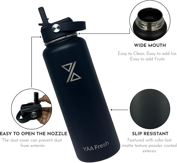 Yaa Fresh 40Oz BPA-Free 24 Hr Cold/12 Hr Hot Insulated Stainless Steel Sports Water Bottle with Straw and Lid, Food-grade Double Walled, Leakproof, Insulated Thermos, Wide Mouth for Men, Women & Kids