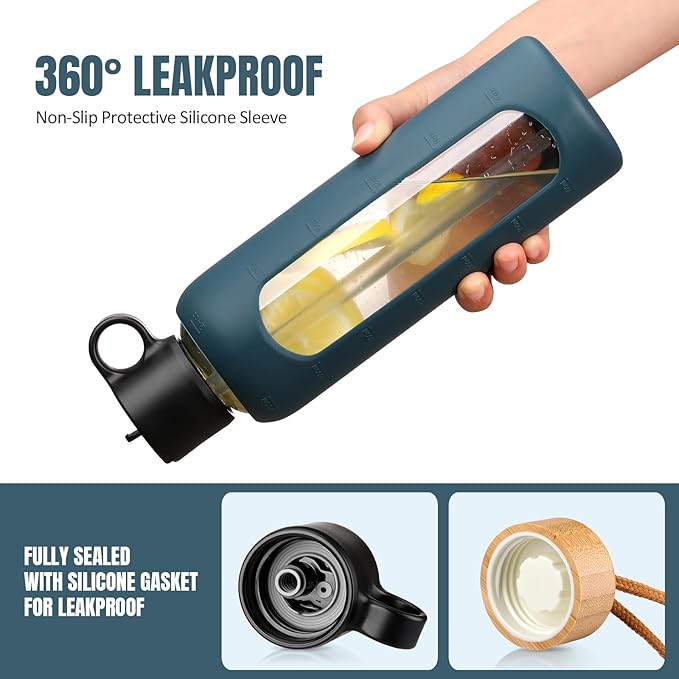 24oz Glass Water Bottle With 2 Lids-Flip Straw Lid, Bamboo Lid, Glass Water Bottle With Silicone Sleeve, Motivational Time Marker, Glass Juice Bottle for Cold Drink,Navy Blue