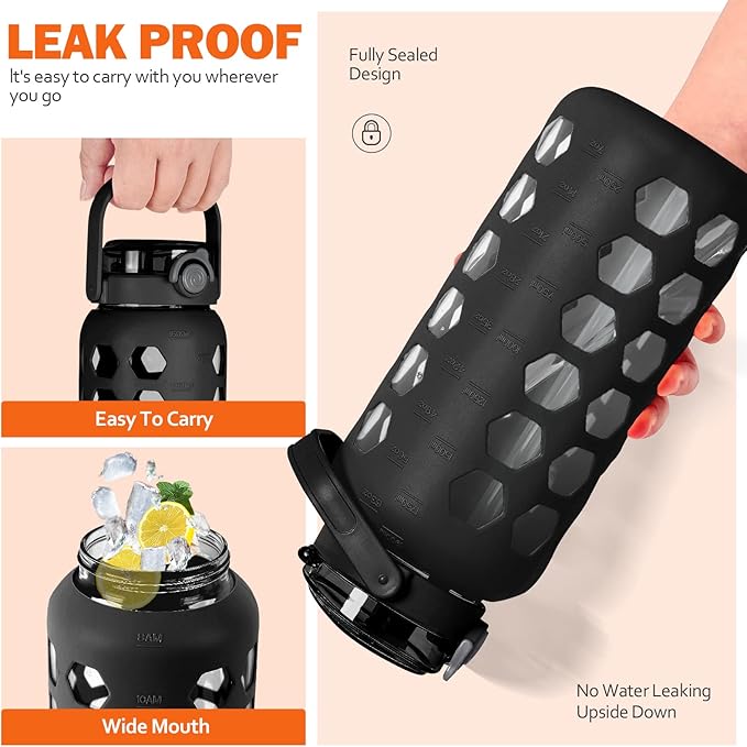 MUKOKO Half Gallon/64 oz Glass Water Bottles with Straw and Lid,Motivational Water Jug with Time Marker Reminder and Silicone Sleeve,100% Leakproof BPA Free Fitness Sports Large Bottle-Black