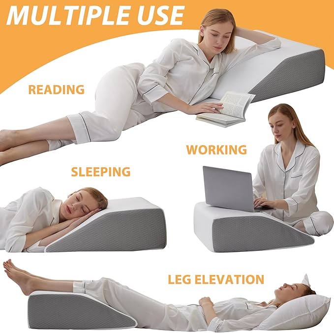 Leg Elevation Pillows, Leg Pillows for Sleeping, Cooling Gel Memory Foam Top, Wedge Pillow for Legs, Leg Wedges for Circulation, Swelling, After Surgery - Removable Cover (6 Inch, White/Grey)