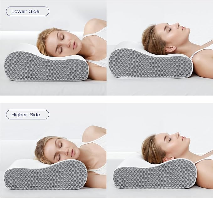 Contoured Neck Pillow Memory Foam - Dual Use Cervical Neck Pillow for Sleeping - Soft Bed Pillow for Neck and Shoulder Pain - Ergonomic Side Sleeper Cervical Pillows (Grey White)