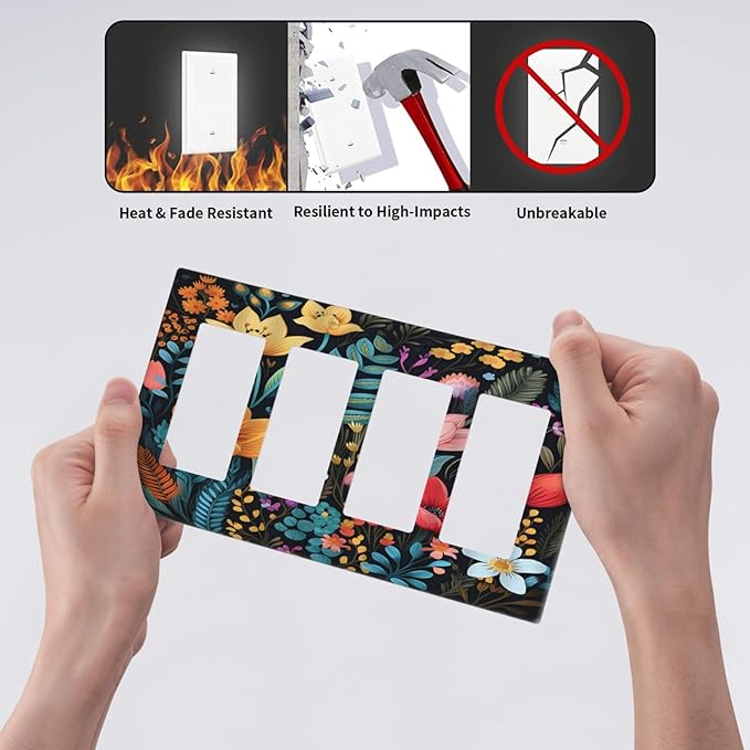 Boho Floral Vintage Flower Leaves Rustic Wildflower Plants 4 Gang Rocker Decora Light Switch Cover Outlet Covers Wall Plate Decorative Switchplate Electrical Faceplate GFCI for Country Bedroom Decor