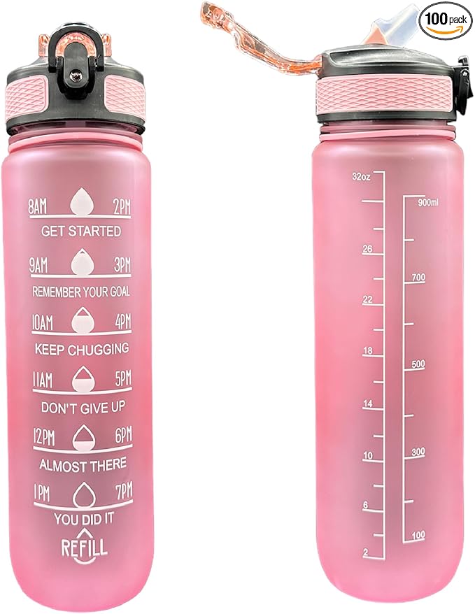 Yaa Fresh Water Bottles, 32oz Motivational Sports Water Bottle with Time Marker-Times to Drink-Tritan, BPA Free, Leakproof water bottle (1 Pack) (Pink), 1101-1