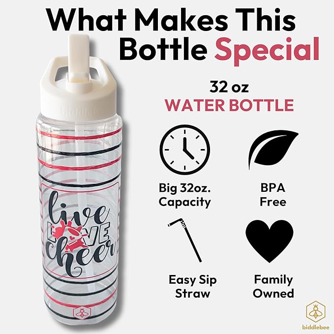 32oz Cheerleader Water Bottle with Straw Lid | BPA-Free Reusable Bottles for Cheerleaders, Cheer Team or Cheerleading Coach | Great Gifts for Girls, Coaches