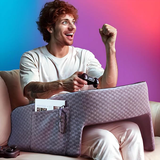 Reading Gaming Pillow for Lap Desk - Soft Arm Rest Pillow for Adult, Memory Foam Stand Pillow with Pocket for iPad, Laptop, Crochet, Sitting in Bed Couch Floor Sofa, Gamer Gift for Men Women