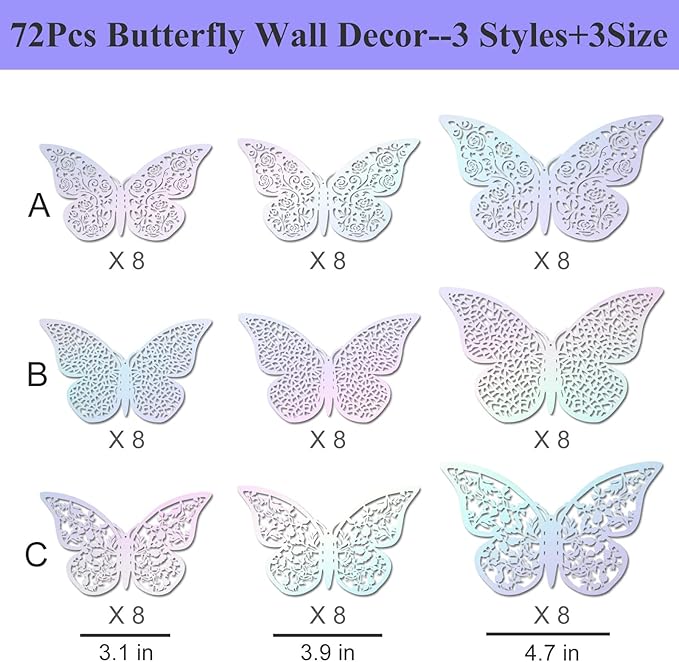 72Pcs 3D Butterfly Wall Decor 3 Sizes 3 Styles, Removable Butterfly Stickers Wall Decals, Butterfly Decorations Party Birthday Cake Decoration for Kids Nursery Wedding Bedroom Room(Colour)