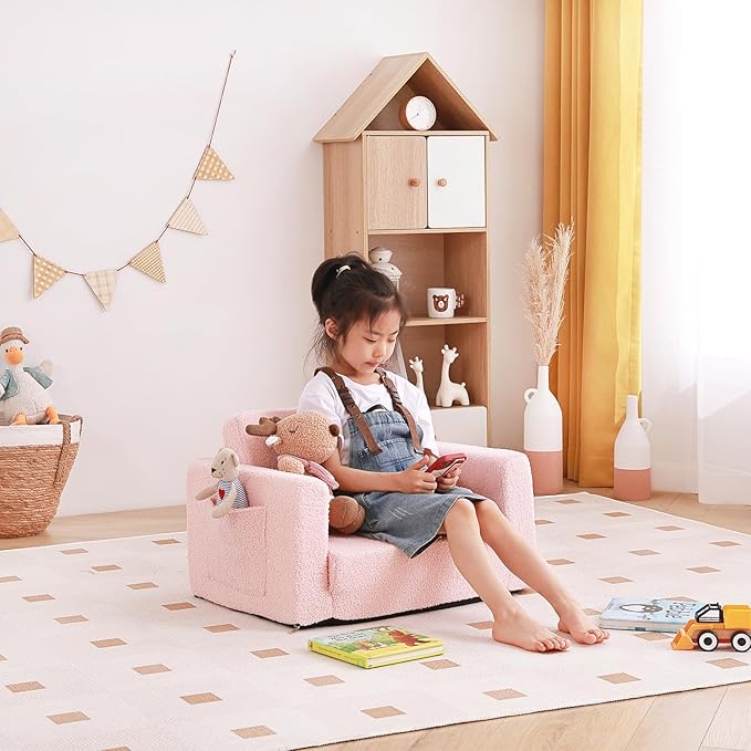 Tiita Kids Chair Couch, Folding Toddler Comfy Sofa Chairs, 2-in-1 Kids Plush Sofa Fold Out, Baby Armrest Chair Sofa to Lounger, Convertible Play Sofas to Bed for Girl or Boy, Pink