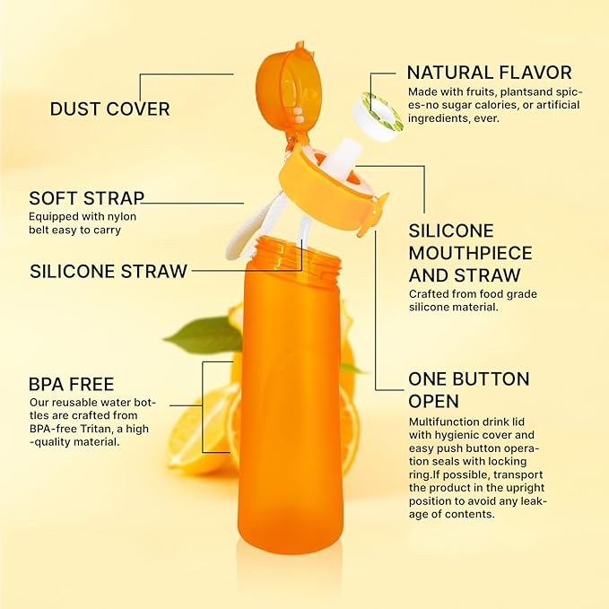 Water Bottle 650 ml scent water bottle with 5 flavor pods,Leak proof and BPA-free sports air water bottle with straw,suitable for outdoor sports 0 sugar 0 calorie Ideal gift orange