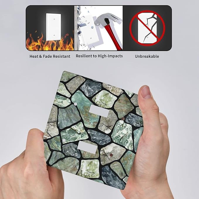 Green Stone Texture Double Toggle Light Switch Wall Plate Cover Decorative 2-Gang for Room Bathroom Bedroom Home Kitchen Two Lightswitch Polycarbonate 4.5" x 4.6"