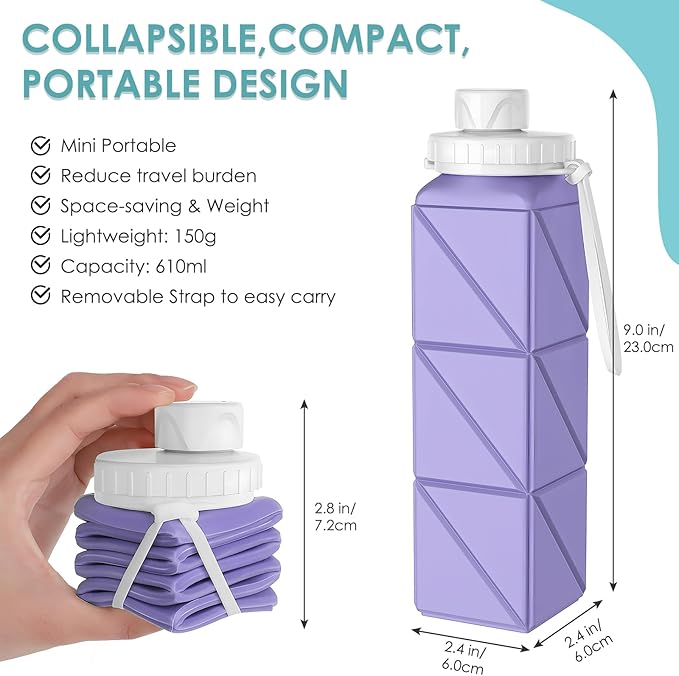 Collapsible Water Bottles,BPA-Free Leak-Proof Silicone Foldable Water Bottle Cup 20.6oz,Durable Lightweight Bottle for Gym Travel Camping Hiking Running (Light Purple)