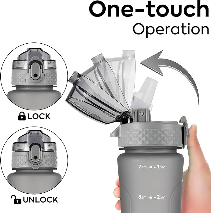 OLDLEY Kids Water Bottle for School with Straw Chug Lid, 15 oz Unbreakable Leak-Proof BPA-Free Motivational Water Bottles with Time Marker for Travel Sports Gym, 2 Lids, Grey