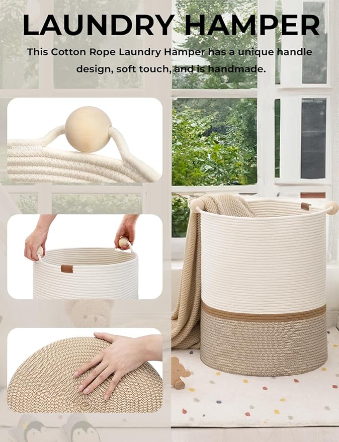 StorageWorks 72L Cotton Rope Laundry Basket with Wooden Beads Handles, Woven Basket for Storage, Dirty Clothes, Kids Toys, Towels, White & Khaki