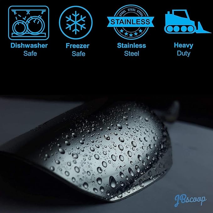 JBscoop Large Ice Scoop with Holes. Stainless Steel Ice Scoop with Drain Holes to Reduce Unwanted Dilution. Heavy Duty and Dishwasher Safe. Six Ounce Capacity.