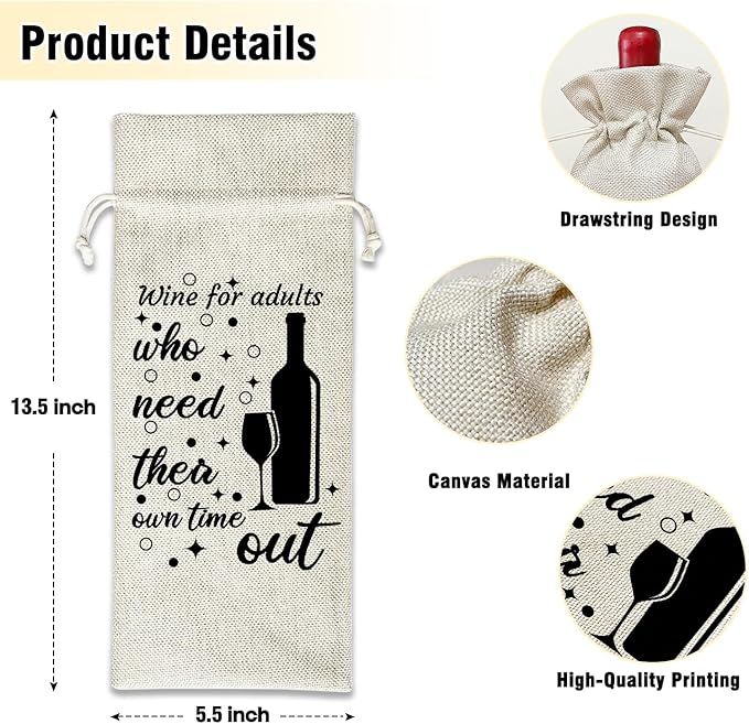 Wine Canvas Bag, Funny Wine Gift Bag, Birthday Gifts for Women Men Mom Colleague Friends Wife Wine Lover Gifts Wine Bags for Wine Bottles, Wine Gifts With Drawstring Holiday Party Decoration -WB24