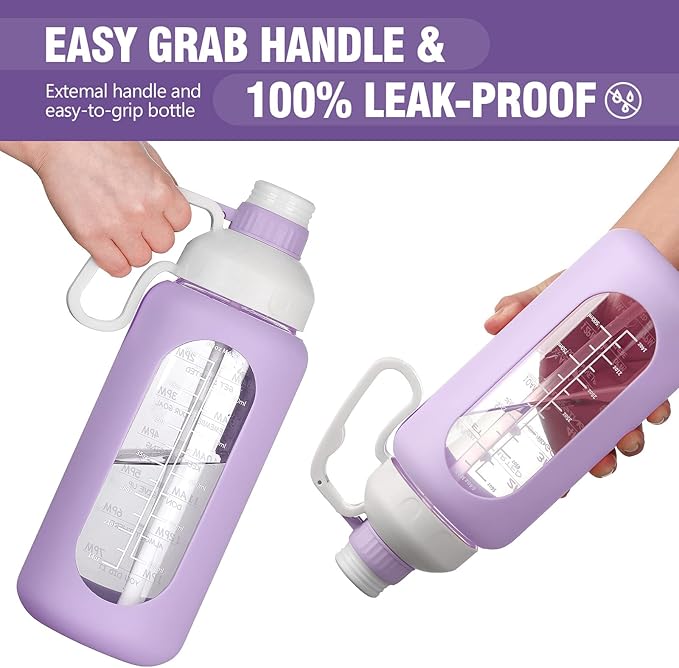 MUKOKO 64oz BPA Free Glass Water Bottle with Straw, Half Gallon, Wide Mouth, Time Marker, Silicone Sleeves, Ideal for Sports, Travel, Running, Camping, Purple