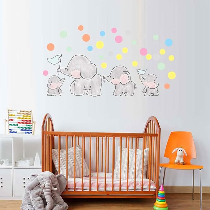 Elephant Wall Decal Animal Colorful Dots Wall Art Sticker Decor for Kids Bedroom Baby Nursery Removable Home Background Decoration