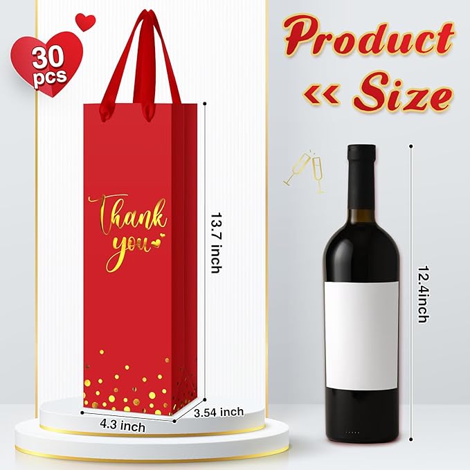 Ctosree 30 Pcs Wine Gift Bag for Wine Bottle Wedding Wine Thank You Gift Bag with Metallic Gold Foil Print Kraft Wine Paper Favor Bag with Attractive Rope Handle for Graduation Bottle(Red)