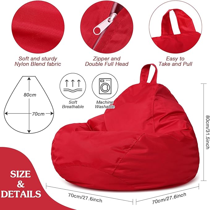 Meonum Bean Bag Chair Cover(No Filler) for Kids Stuffed Storage Bean Bag Chair Cover with Inner Liners for Easy Cleaning Bean Bag for Organizing Children (Red,27.6 x 31.5 Inch)
