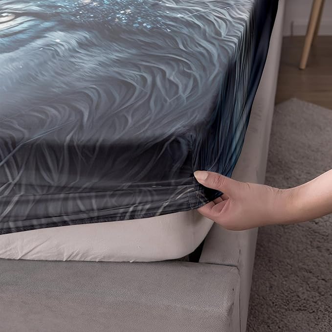 AILONEN Boys Wolf Fitted Sheet Set Full Size, 3 Pieces Wildlife Bed Sheet Set,Evening Moon Wolf Sheet Set for Boys Teen Men,Wolves Print Fitted Sheet with 2 Pillowcases