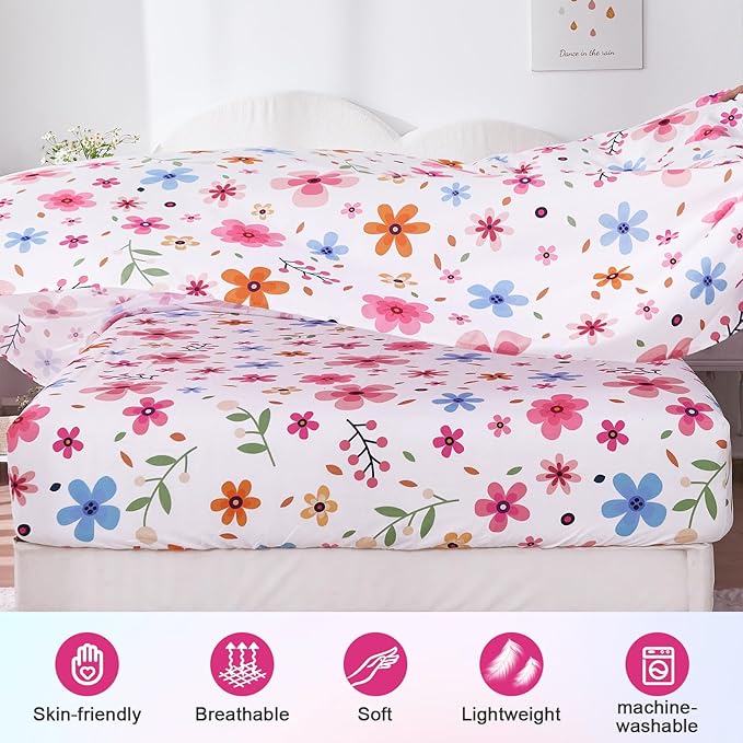 Queen Sheet Set White Colorful Floral Bed Sheets Set Cute Soft Microfiber Cooling Sheets 4 Pieces Queen Size Bed Set Wrinkle Free, 15 inch Deep Pocket Fitted Sheet, Flat Sheet, Pillowcases