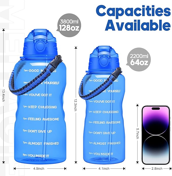 Water Bottles 1 / Half Gallon with Time Marker and Straw, Large Fitness Sports Motivational Bottle, Wide Mouth Leakproof and BPA Free for Travel, Gym,office,school