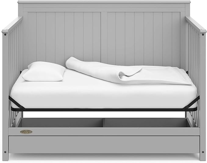 Graco Hadley 5-in-1 Convertible Crib with Drawer (Pebble Gray) – GREENGUARD Gold Certified, Crib with Drawer Combo, Full-Size Nursery Storage Drawer, Converts to Toddler Bed, Daybed