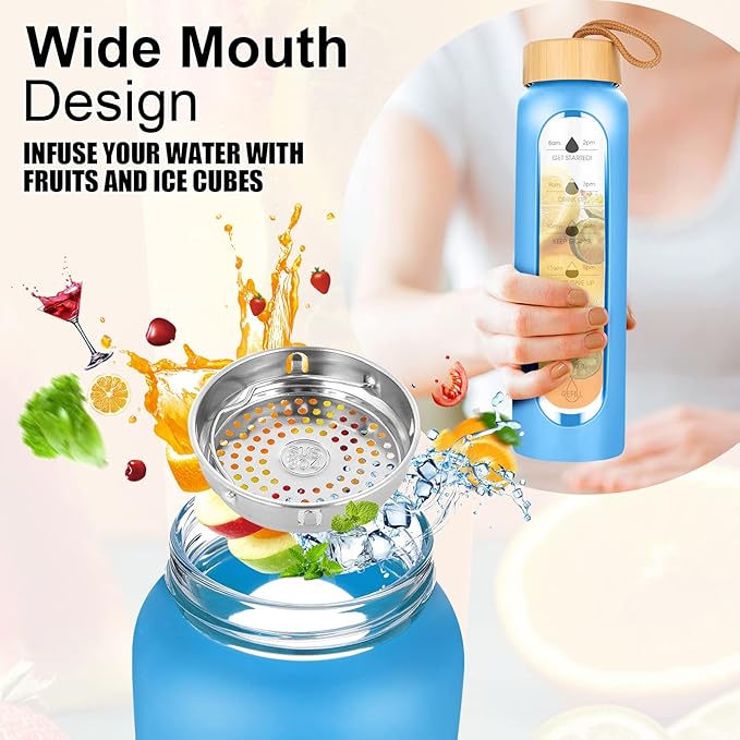 32 Oz Borosilicate Glass Water Bottle with Times to Drink | BPA Free - Reusable Wide Mouth Glass Motivational Water Bottles with Infuser & Silicone Sleeve (azure)