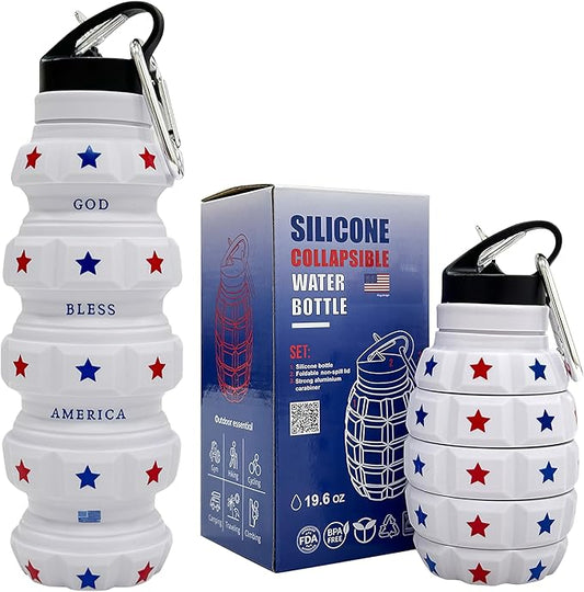 American Flag Collapsible Water Bottle 19.6 oz - US Flag Leak Proof Water Bottle - Patriots Gifts for Men Women - Silicone & Reusable - Independence Day Patriotic Accessories - God Bless America Decor