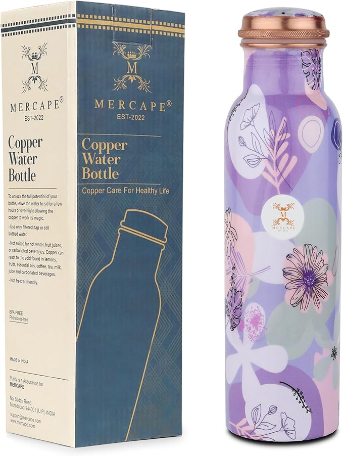 Copper Water Bottle A Handmade Ayurvedic Enameled Print Pure Copper Water Bottle For Drinking - Increase Your Water Consumption, and Experience Immediate Health Benefits (ENAMELED PRINT 19)