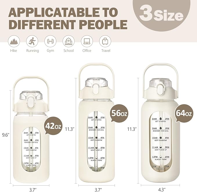 kytffu 64oz Glass Water Bottles with Straw, Half Gallon Motivational Glass Bottle with Silicone Sleeve and Time Marker, 2L Leakproof Large Glass Water Jug for Gym Home Office,White