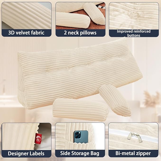 Headboard Wedge Pillow with 2 Pack Neck Roll Pillow Large Headboard Pillow King Wedge Pillow Headboard Soft and Supportive Bed Rest Reading Pillows for Sitting in Bed with Removable Cover