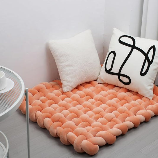 XHJRI Thickened Braided Knot Seat Mat, Knotted Floor Decorative Cushion, Handmade Baby Infant Playing Pad Nursery Rug (27.5 * 31.5 Inch,Carrot)