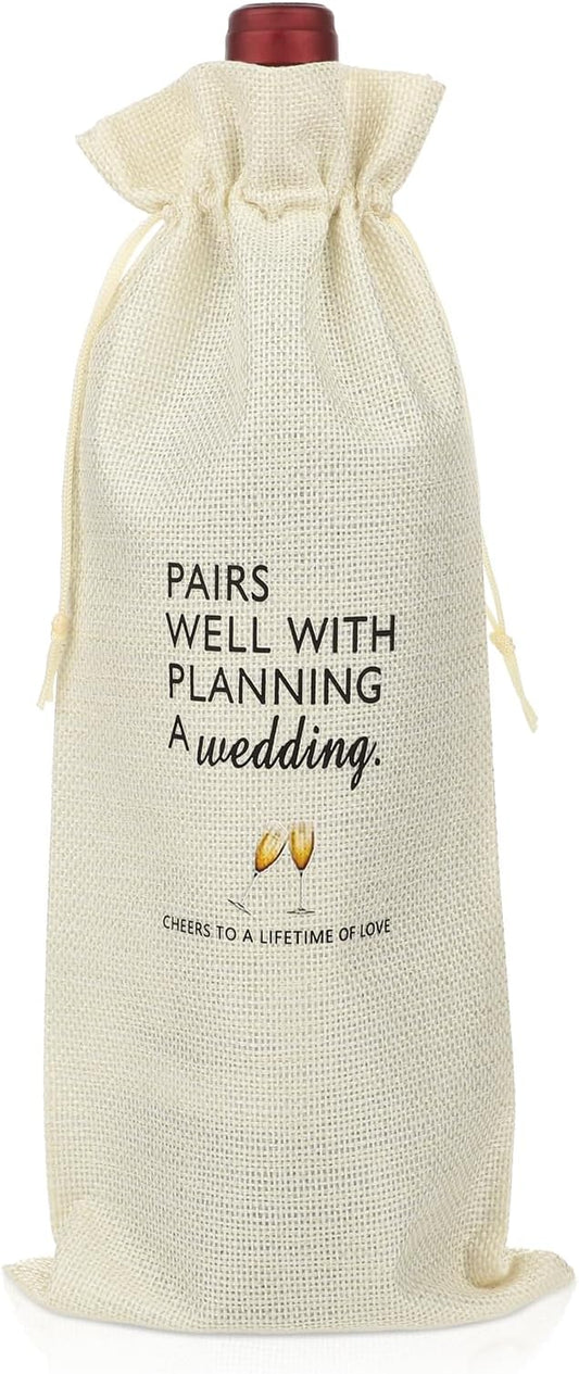 Styquenzer Engagement Gifts for Couples Wedding Wine Bag Newly Engaged Gifts for Newly Engaged Couples Cotton Linen Wine Gift Bag With Drawstring Pairs Well with Wedding Planning