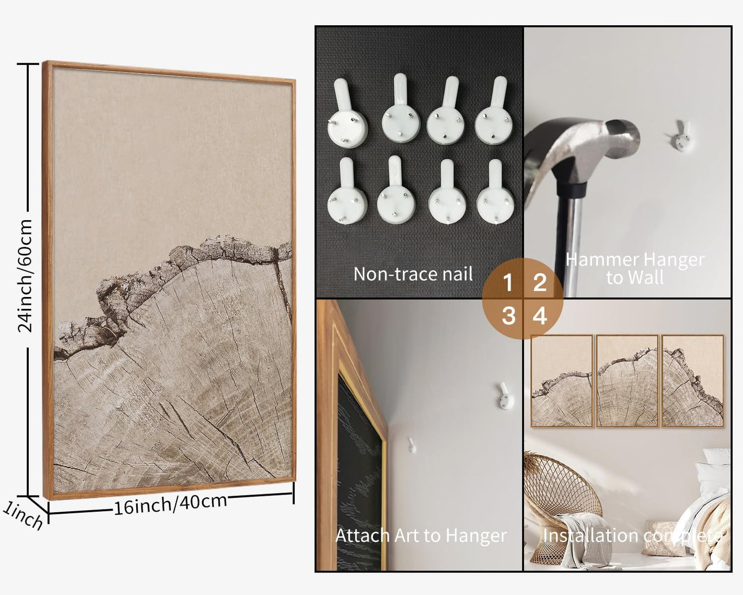 SIGNINART Large Tree Ring Framed Canvas Wall Art Set, Rustic Beige Wooden Wall Decor, Neutral Nature Wood Stump Artwork, Modern Art Prints for Bedroom Living Room Office 24"x36"x3