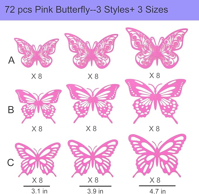 72Pcs 3D Butterfly Wall Decor 3 Sizes 3 Styles, Butterfly Decorations Party Birthday Cake Decoration, Removable Butterfly Wall Stickers for Kids Nursery Wedding Bedroom Room Decor(Pink)
