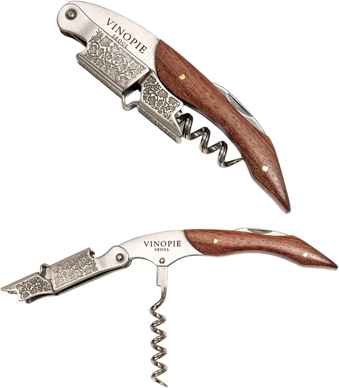 Professional Waiters Corkscrew - Wood Grapevine Pattern Sommelier Knife Wine Key with Ergonomic Rubber Grip, Beer Bottle Opener and Foil Cutter (Only Opener (without Keyring))