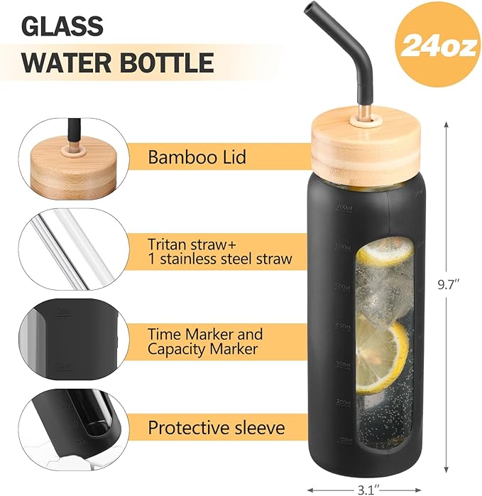 Glass Water Bottles with Straw -24oz- Water Bottle Phone Holder for Gym Sports Water Bottles with Silicone Sleeve Glass Drinking Bottles 2 Lids - Spout & Bamboo Straw Lid(Black)