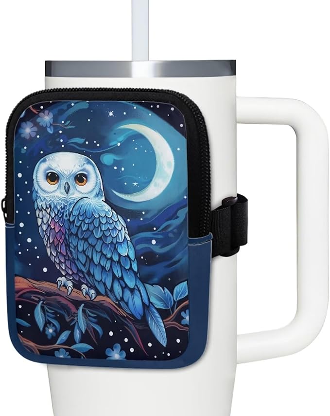 Owl Moon Stanley Cup Pouch with Adjustable Strap Water Bottle Storage Bag 20oz-40oz IceFlow Tumbler Pouch for Stanley Accessories
