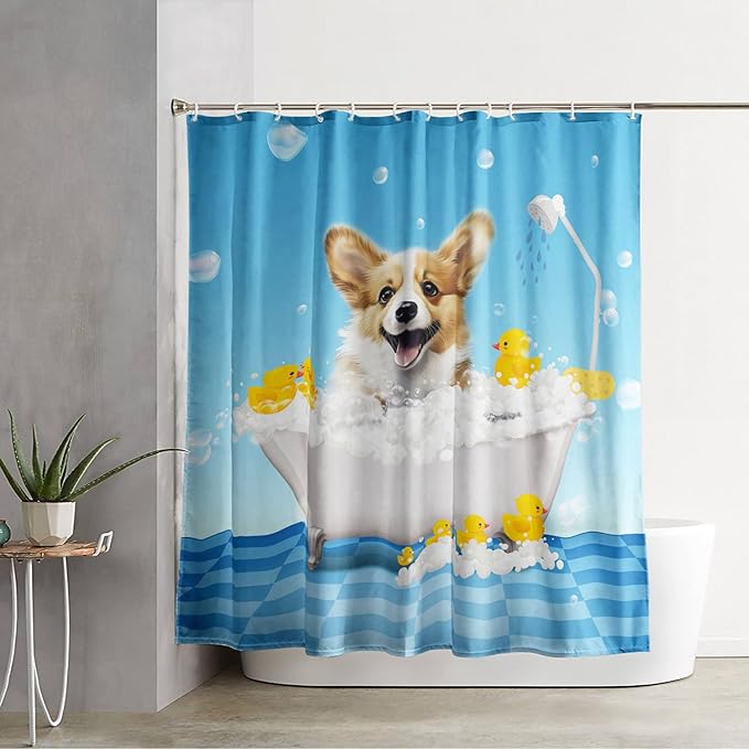 AILONEN 3D Bathtub Dog Shower Curtain for Kids 72" W*84" H Kawaii Shower Puppy and Bathtub Yellow Duck Shower Curtain,Polyester Waterproof Fabric Decor for Bathroom Bathtub Panels