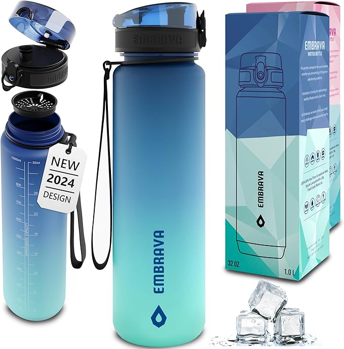 Embrava Sports Water Bottle - 32oz Large - Fast Flow Quick Sip Lid - BPA & BPS Free - Leakproof, Flip Top - Lightweight & Sturdy Tritan Plastic - Strainer for Fruit & Ice