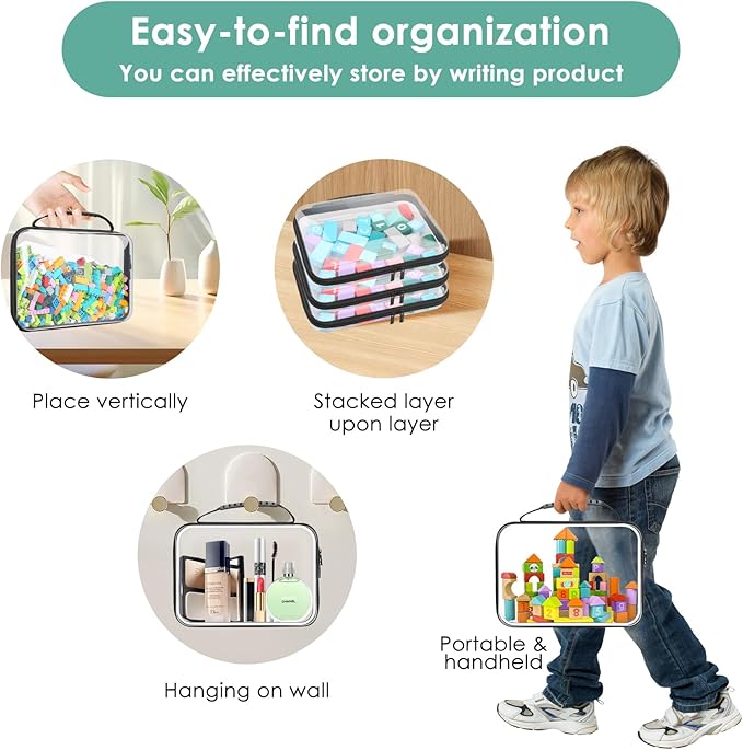 Clear Hard Zipper Pouch, Bliss Zippered Storage Bins, Waterproof PVC Shell Travelling Bags, Storage for Board Games, Building Blocks, Puzzles, Kids Books with Handle, Plastic Organizing, 2Pc