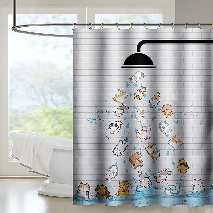 AILONEN Cute Cat Shower Curtain for Kids 72" W*84" H Inch,Colorful Animals Playing Water Kids Lovely Funny Hilarious Shower Curtain,12 Pack Hooks Polyester Waterproof Fabric Decor for Bathroom